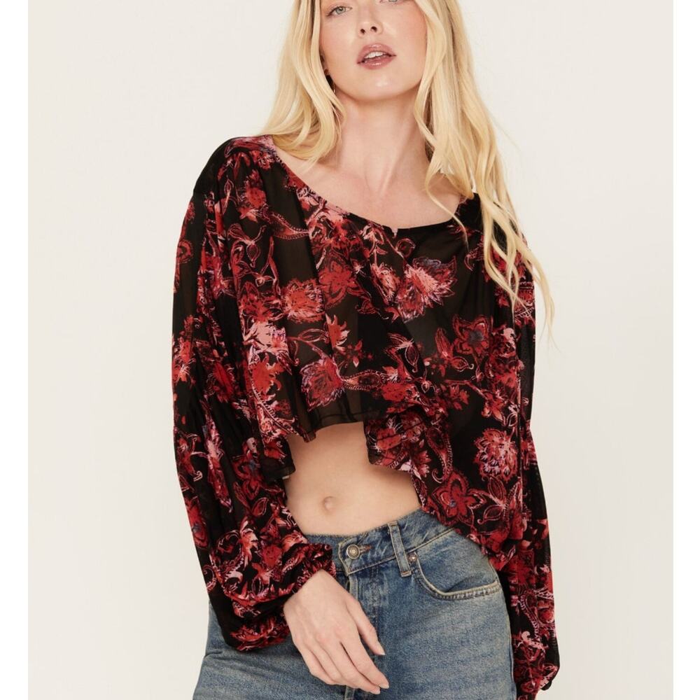 Free People Up For Anything Top Onyx Combo Black Red Floral Print Size M